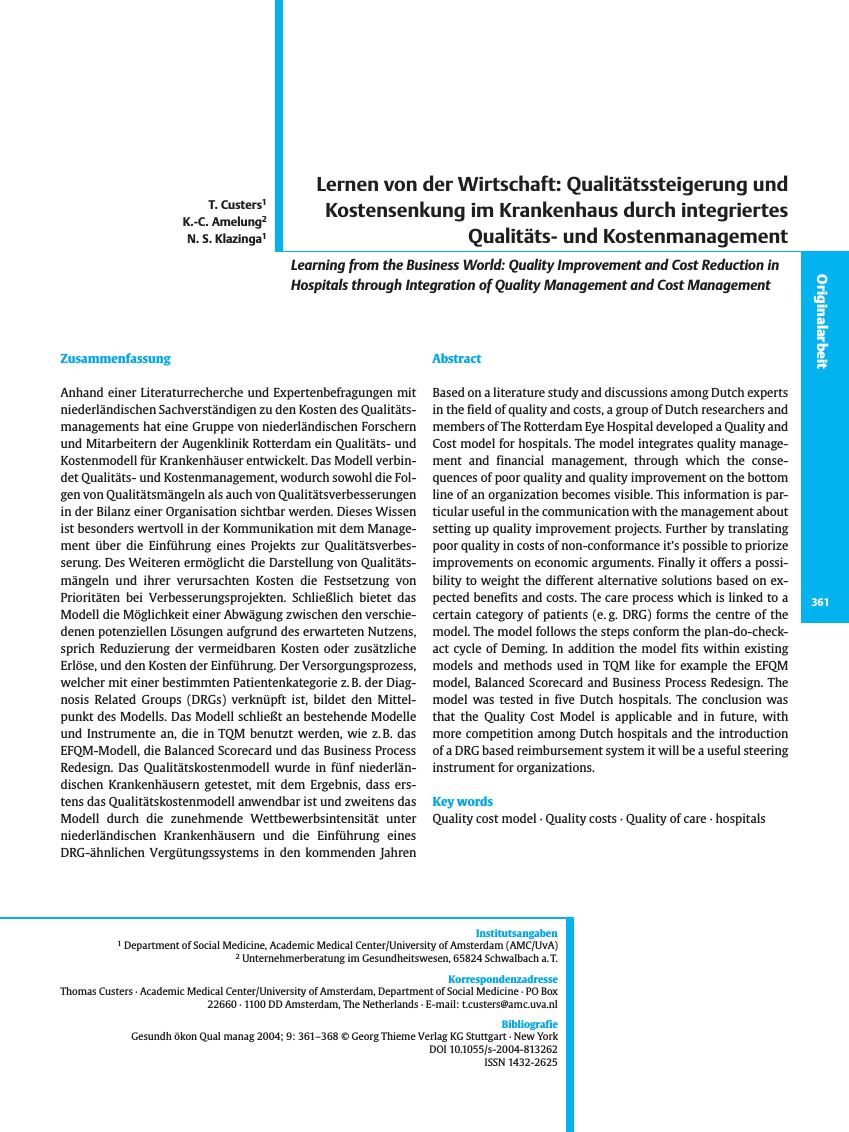 Vorschauseite 1: Lernen von der Wirtschaft: Qualitätssteigerung und Kostensenkung im Krankenhaus durch integriertes Qualitätsund Kostenmanagement