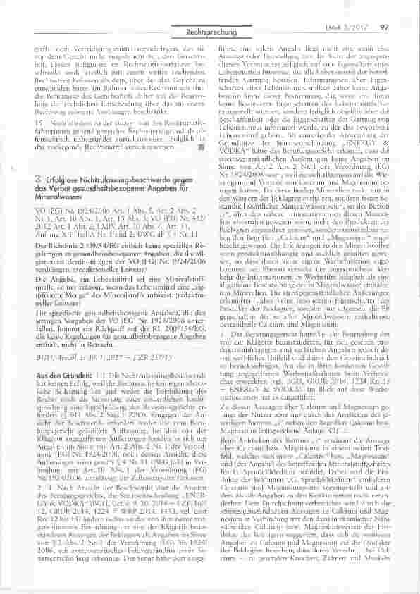 Vorschauseite 1: Erfolglose Nichtzulassungsbeschwerde gegen das Verbot gesundheitsbezogener Angaben fürMineralwasserund Größe