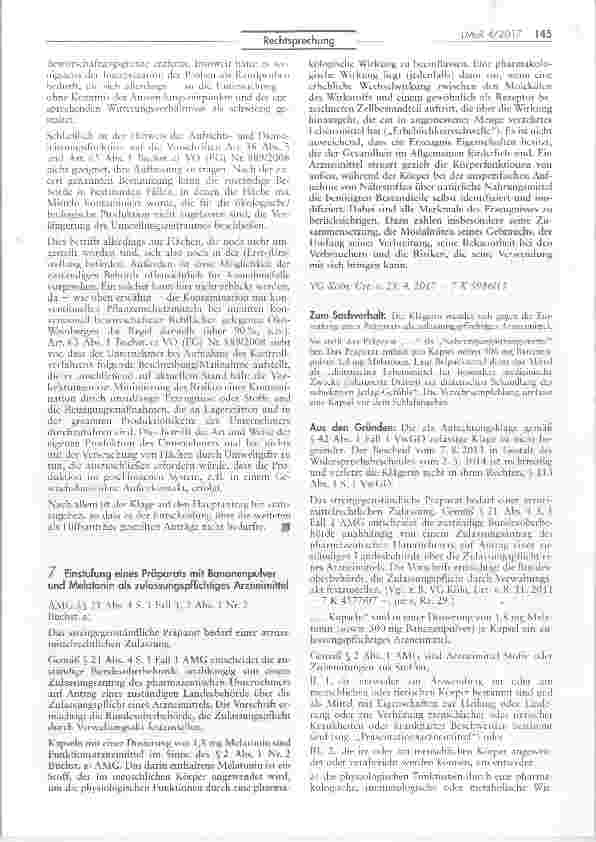 Vorschauseite 1: Einstufung eines Präparats mit Bananenpulver und Melatonin als zulassungspflichtiges Arzneimittel