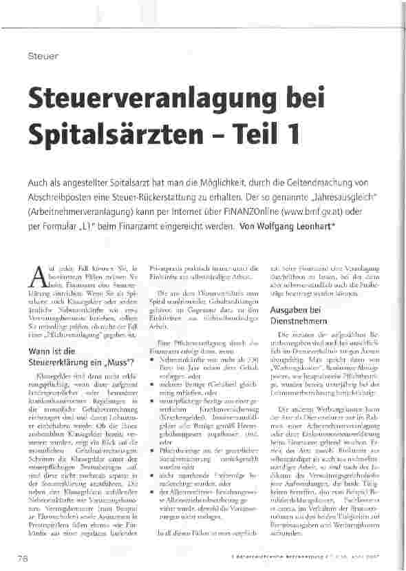 Vorschauseite 1: Steuerveranlagung bei Spitalsärzten - Teil 1