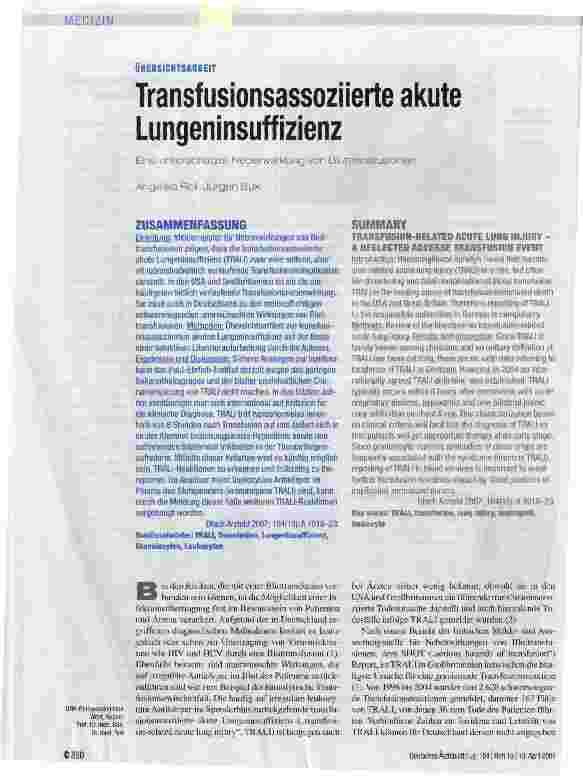 Vorschauseite 1: Transfusionsassoziierte akute Lungeninsuffizienz