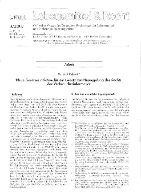 Vorschauseite 1: Neue Gesetzesinitiative für ein Gesetz zur Neuregelung des Rechts der Verbraucherinformation