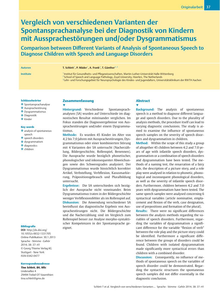 Vorschauseite 1: Vergleich von verschiedenen Varianten der Spontansprachanalyse bei der Diagnostik von Kindern mit Aussprachestörungen und/oder Dysgrammatismus