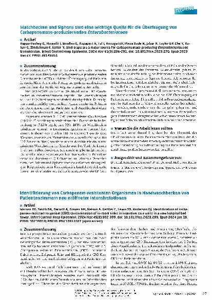 Vorschauseite 1: Waschbecken und Siphons sind eine wichtige Quelle für die Übertragung von Carbapenemase-produzierenden Enterobacteriaceae.