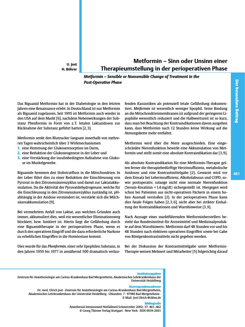 Vorschauseite 1: Metformin - Sinn oder Unsinn einer Therapieumstellung in der perioperativen Phase