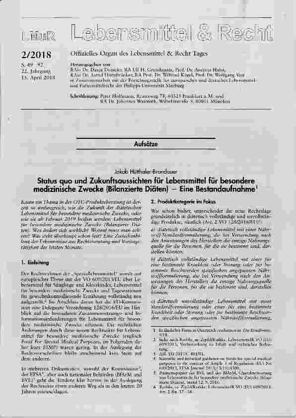 Vorschauseite 1: Status quo und Zukunftsaussichten für Lebensmittel für besondere medizinische Zwecke (Bilanzierte Diäten) Eine Bestandaufnahme