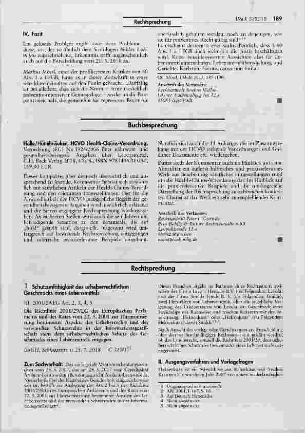 Vorschauseite 1: Schutzunfähigkeit des urheberrechtlichen Geschmacks eines Lebensmittels