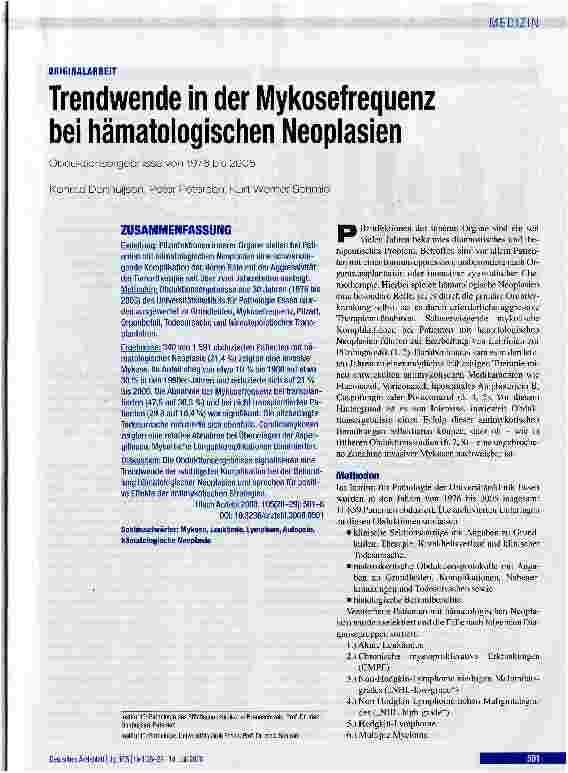 Vorschauseite 1: Trendwende in der Mykosefrequenz bei hämatologischen NeoplasienObduktionsergebnisse von 1976 bis 2005