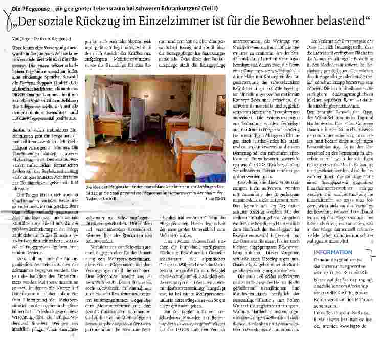 Vorschauseite 1: Die Pflegeoase - ein geeigneter Lebensraum bei schweren Erkrankungen? (Teil I)„Der soziale Rückzug im Einzelzimmer ist für die Bewohner belastend