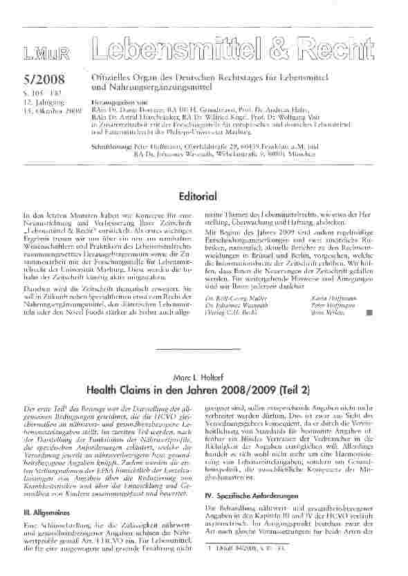 Vorschauseite 1: Health Claims in den Jahren 2008/2009 (Teil 2)
