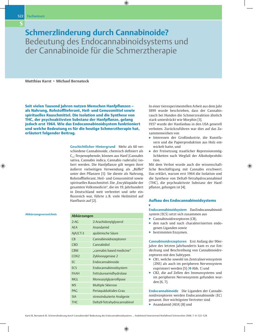 Vorschauseite 1: Schmerzlinderung durch Cannabinoide? – Bedeutung des Endocannabinoidsystems und der Cannabinoide für die Schmerztherapie