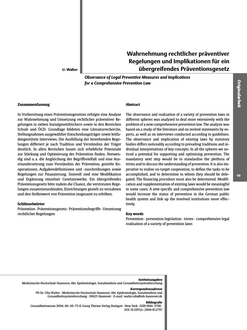 Vorschauseite 1: Wahrnehmung rechtlicher präventiver Regelungen und Implikationen für ein übergreifendes Präventionsgesetz