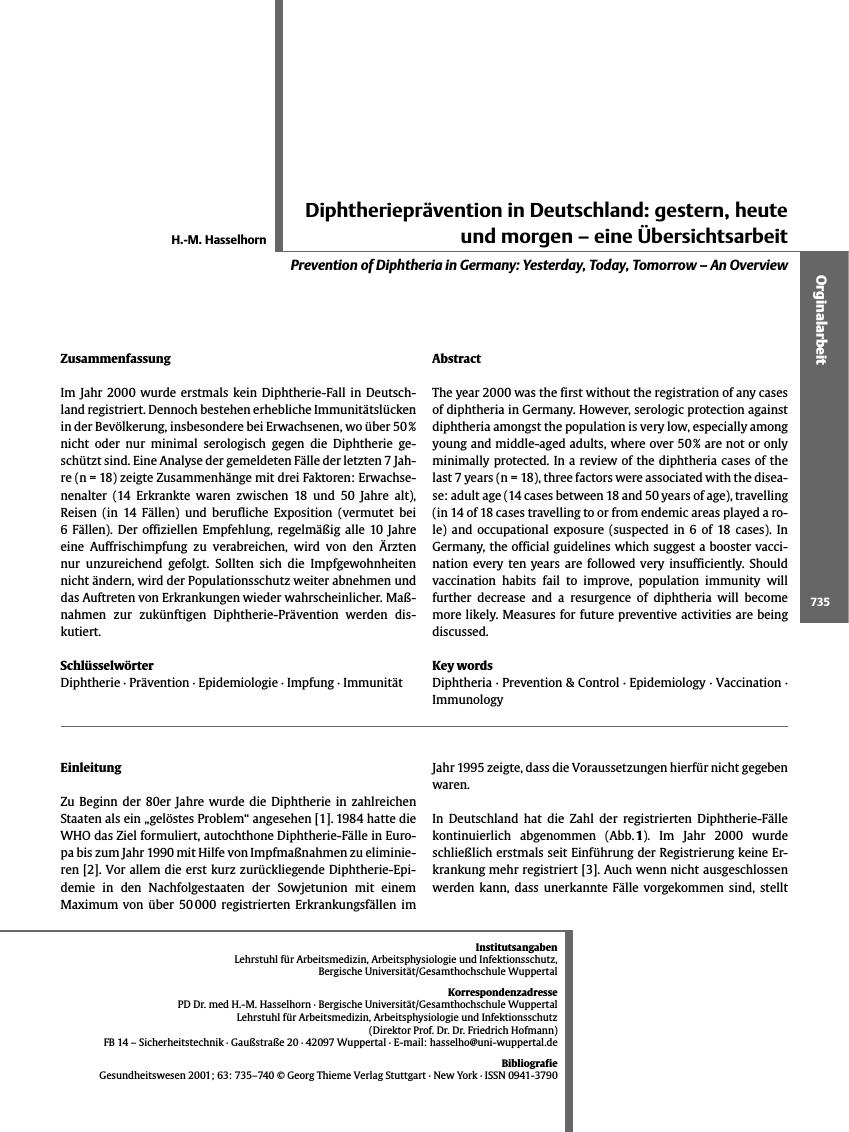 Vorschauseite 1: Diphtherieprävention in Deutschland: gestern, heute und morgen - eine Übersichtsarbeit