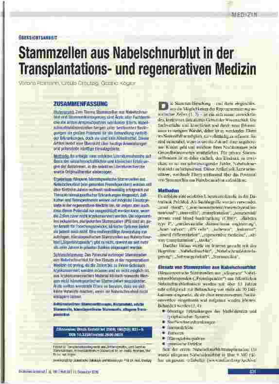 Vorschauseite 1: Stammzellen aus Nabelschnurblut in der Transplantationsund regenerativen Medizin