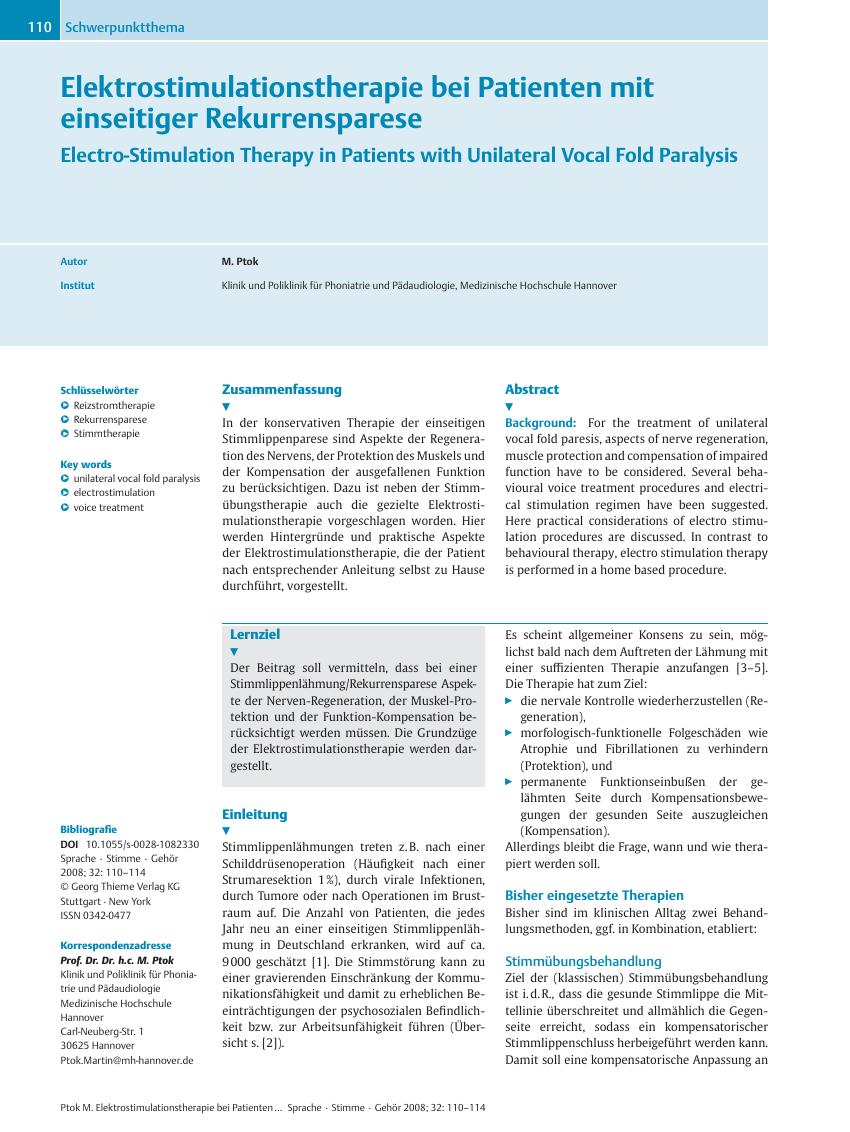 Vorschauseite 1: Elektrostimulationstherapie bei Patienten mit einseitiger Rekurrensparese