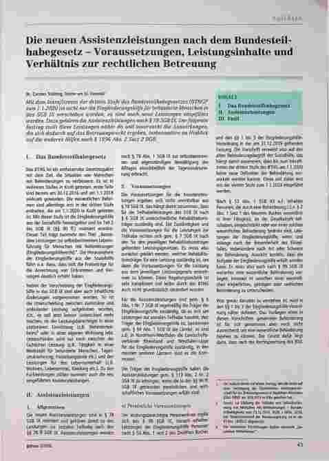 Vorschauseite 1: Die neuen Assistenzleistungen nach dem Bundesteilhabegesetz - Voraussetzungen, Leistungsinhalte und Verhältnis zur rechtlichen Betreuung