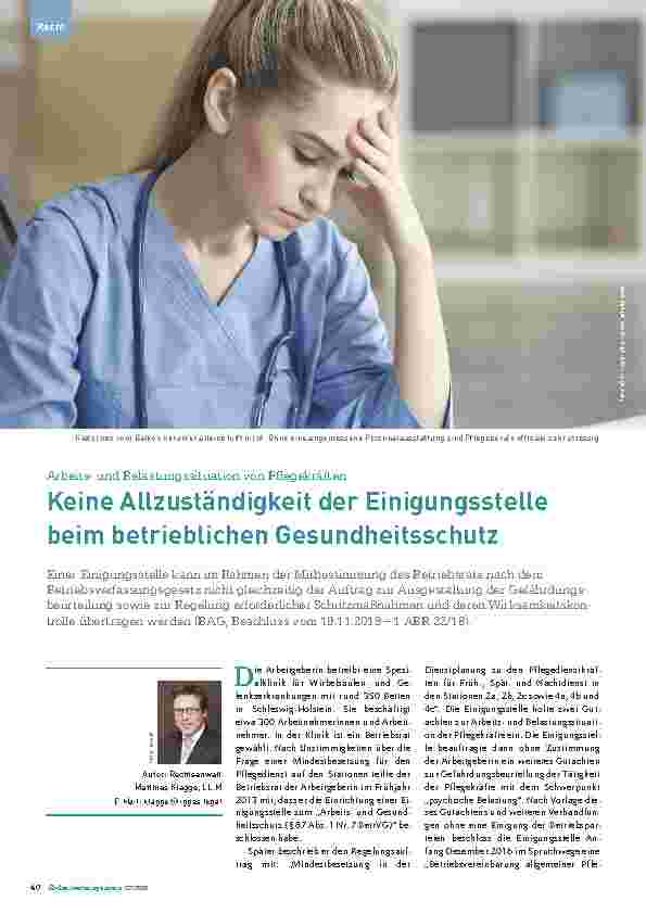 Vorschauseite 1: Arbeitsund Belastungssituation von Pflegekräften: Keine Allzuständigkeit der Einigungsstelle beim betrieblichen Gesundheitsschutz.