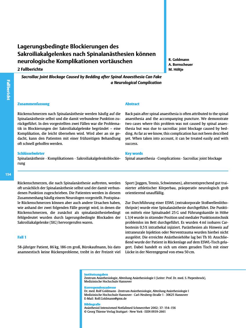 Vorschauseite 1: Lagerungsbedingte Blockierungen des Sakroiliakalgelenkes nach Spinalanästhesien können neurologische Komplikationen vortäuschen