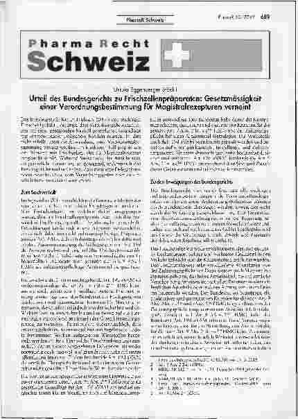 Vorschauseite 1: Urteil des Bundesgerichts zu Frischzellenpräparaten: Gesetzmäßigkeit einer Verordnungsbestimmung für Magistralrezepturen verneint