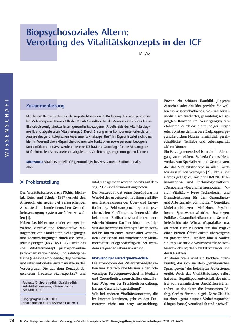 Vorschauseite 1: Biopsychosoziales Altern: Verortung des Vitalitätskonzepts in der ICF