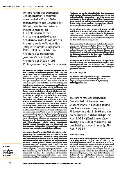 Vorschauseite 1: Stellungnahme der Deutschen Gesellschaft für Hebammenwissenschaft e. V. zum Referentenentwurf eines Gesetzes zur Stärkung der hochschulischen Pflegeausbildung, zu Erleichterungen…