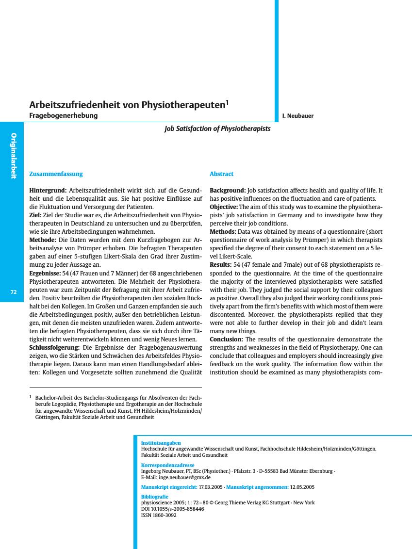 Vorschauseite 1: Arbeitszufriedenheit von Physiotherapeuten