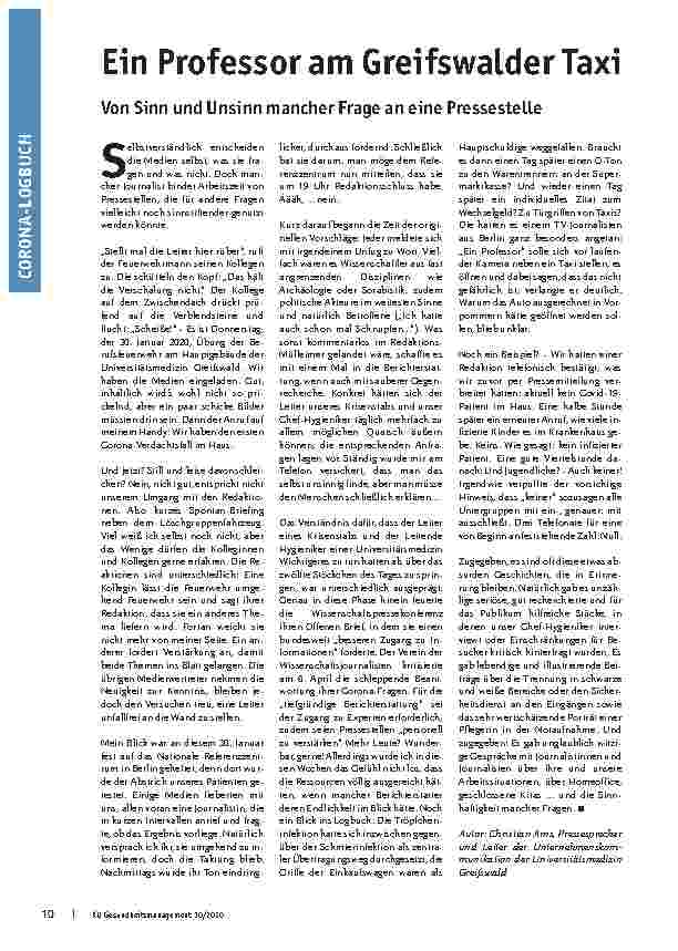 Vorschauseite 1: Ein Professor an der Universität Greifswald: Von Sinn und Unsinn mancher Fragen an eine Pressestelle