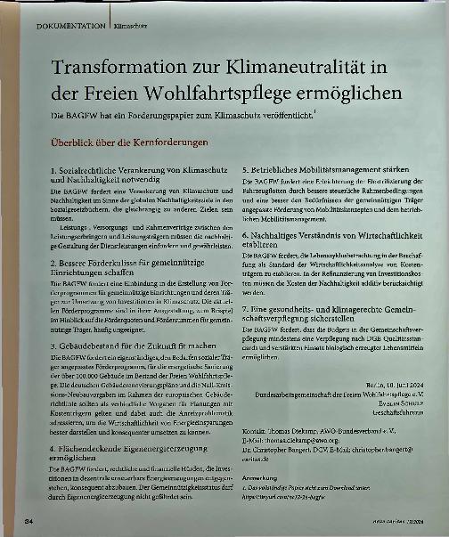 Vorschauseite 1: Transformation zur Klimaneutralität in der Freien Wohlfahrtspflege ermöglichen