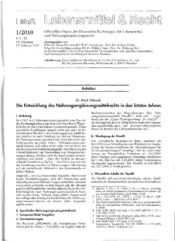 Vorschauseite 1: Die Entwicklung des Nahrungsergänzungsmittelrechts in den letzten Jahren