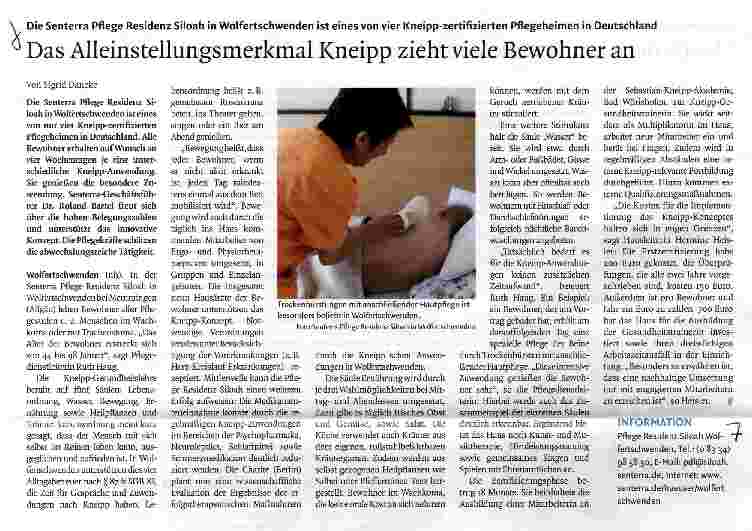 Vorschauseite 1: Die Senterra Pflege Residenz Siloah in Wolfertschwenden ist eines von vier Kneipp-zertifizierten Pflegeheimen in Deutschland Das Alleinstellungsmerkmal Kneipp zieht viele Bewohner…
