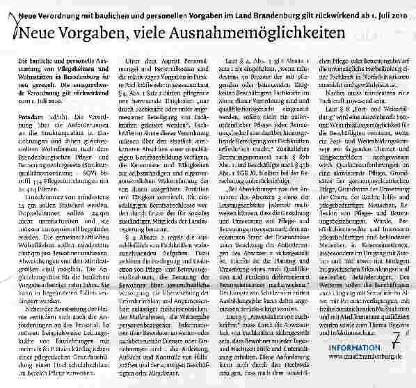Vorschauseite 1: Neue Verordnung mit baulichen und personellen Vorgaben im Land Brandenburg gilt rückwirkend ab i - Juli 2010Neue Vorgaben, viele Ausnahmemöglichkeiten