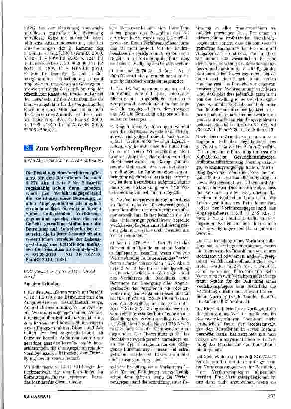 Vorschauseite 1: Zum Verfahrenpfleger § 276 Abs. 1 Satz 2 Nr. 2, Abs. 2 FamFG