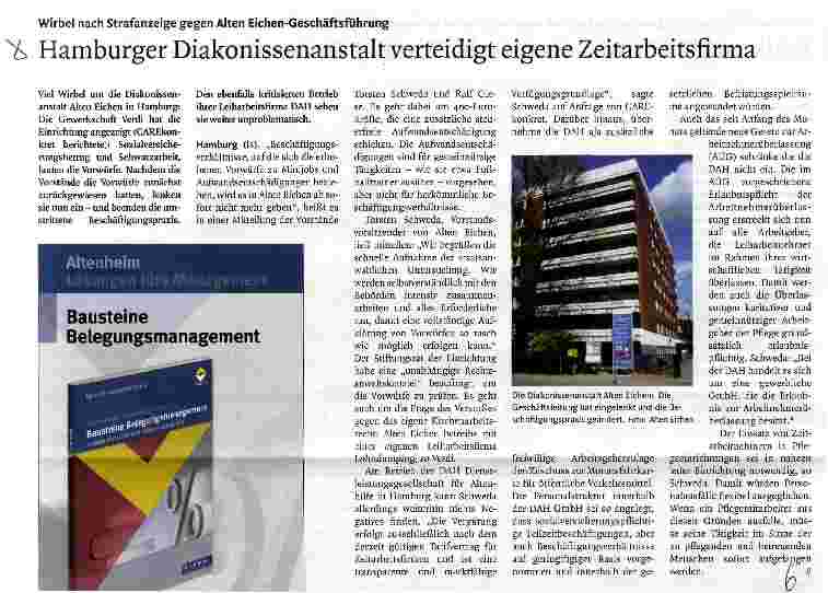 Vorschauseite 1: Hamburger Diakonissenanstalt verteidigt eigene Zeitarbeitsfirma