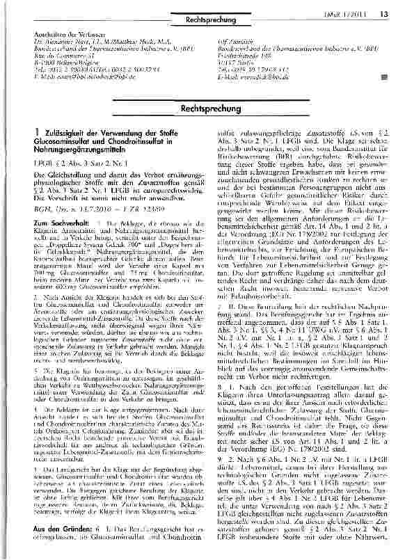 Vorschauseite 1: Zulässigkeit der Verwendung der Stoffe Glucosaminsulfat und Chondroitinsulfat in NahrungsergänzungsmittelnLFGB § 2 Abs. 3 Satz 2 Nr. 1