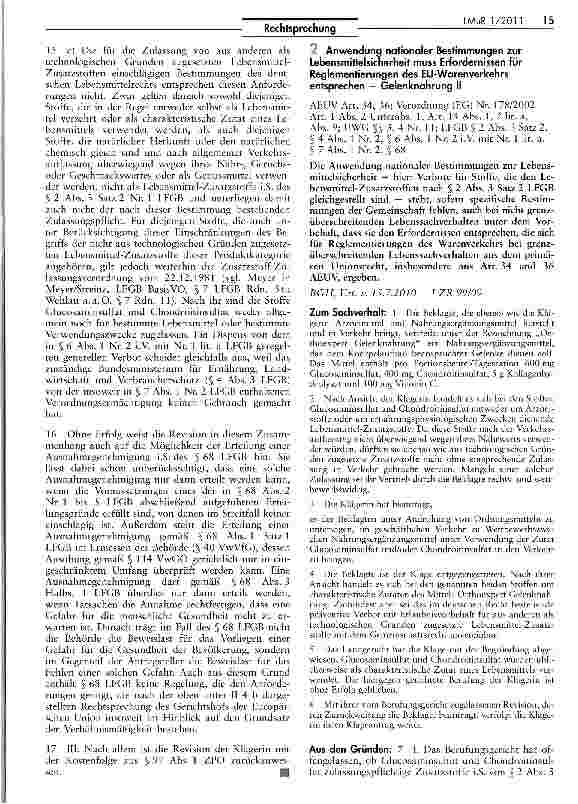 Vorschauseite 3: Zulässigkeit der Verwendung der Stoffe Glucosaminsulfat und Chondroitinsulfat in NahrungsergänzungsmittelnLFGB § 2 Abs. 3 Satz 2 Nr. 1