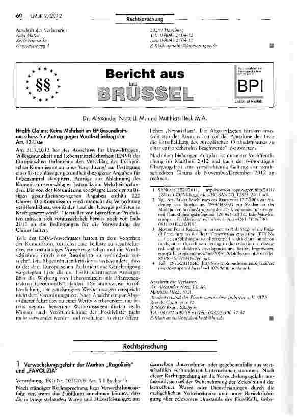 Vorschauseite 1: Verwechslungsgefahr der Marken „Ragolizia und „FAVOLIZIA