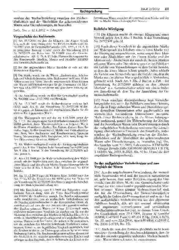 Vorschauseite 2: Verwechslungsgefahr der Marken „Ragolizia und „FAVOLIZIA