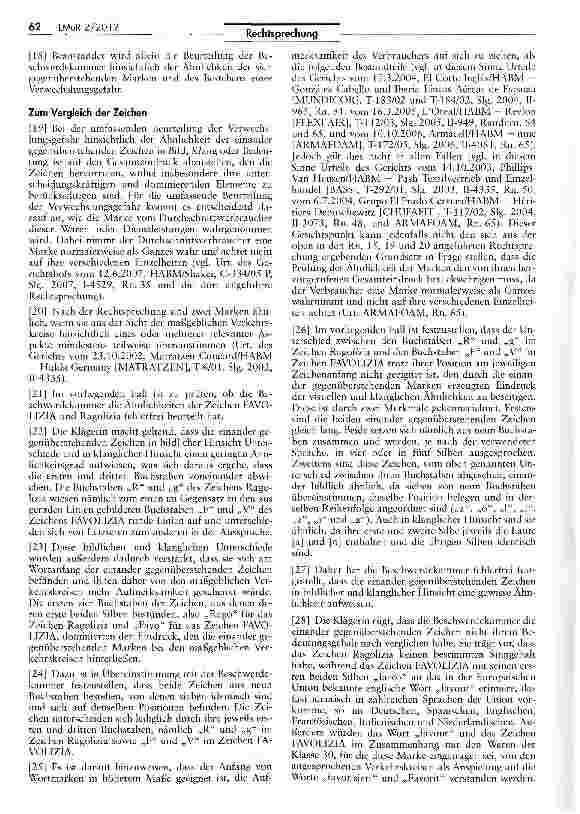 Vorschauseite 3: Verwechslungsgefahr der Marken „Ragolizia und „FAVOLIZIA