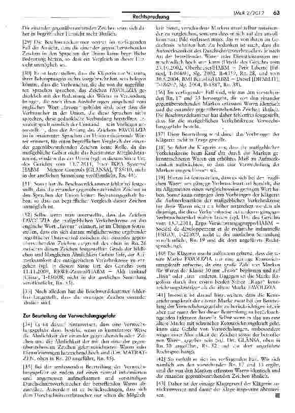 Vorschauseite 4: Verwechslungsgefahr der Marken „Ragolizia und „FAVOLIZIA