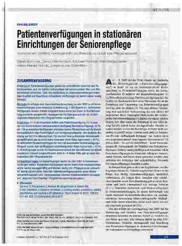 Vorschauseite 1: Patientenverfüt Einrichtungenungen in stationären der Seniorenpflege