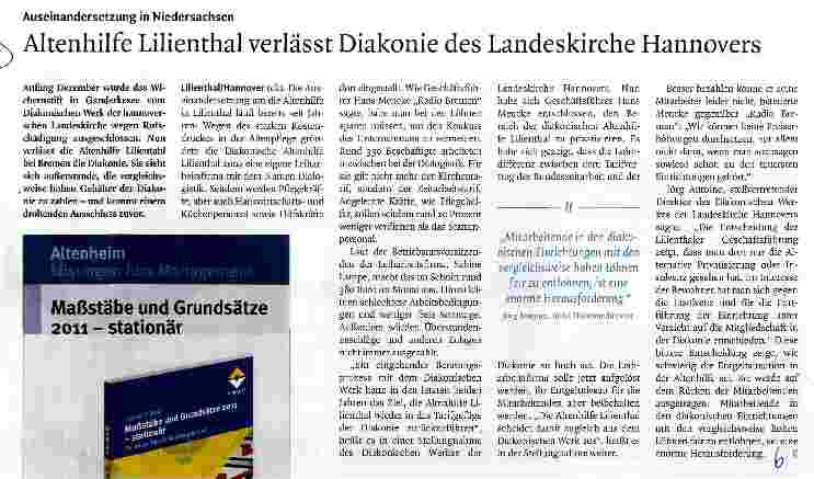 Vorschauseite 1: Altenhilfe Lilienthal verlässt Diakonie des Landeskirche Hannovers