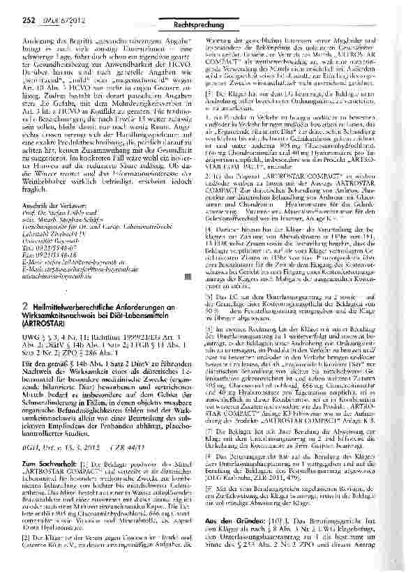 Vorschauseite 1: Heilmittelwerberechtliche Anforderungen an Wirksamkeitsnachweis bei Diät-Lebensmitteln (ARTROSTAR) UWG §5 3, 4 Nr. 11; Richtlinie 1999/21/EG Art. 3 Abs. 2; DiätV § 14b Abs. 1 Satz…