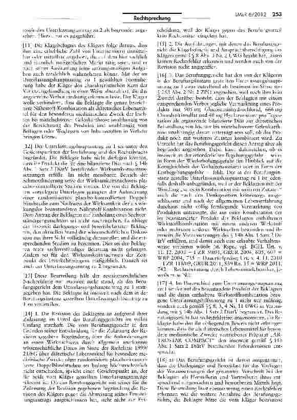 Vorschauseite 2: Heilmittelwerberechtliche Anforderungen an Wirksamkeitsnachweis bei Diät-Lebensmitteln (ARTROSTAR) UWG §5 3, 4 Nr. 11; Richtlinie 1999/21/EG Art. 3 Abs. 2; DiätV § 14b Abs. 1 Satz…