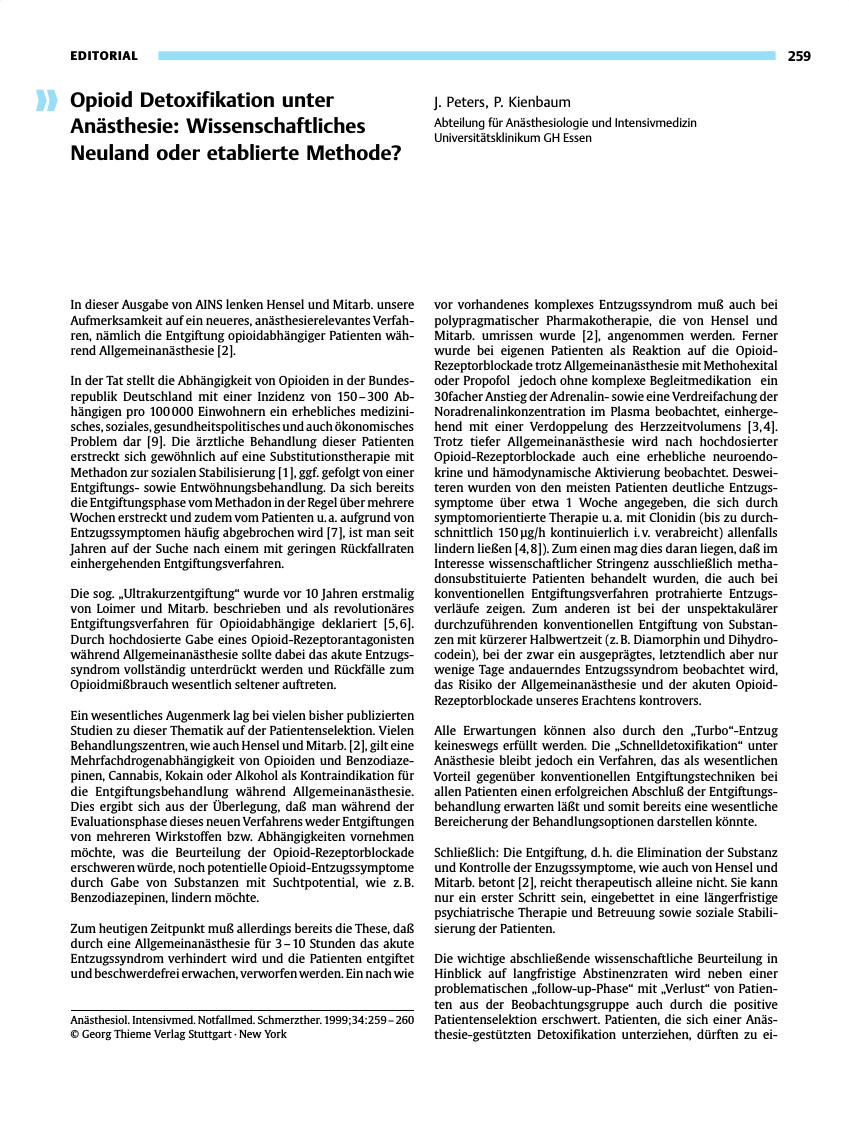 Vorschauseite 1: Opioid Detoxifikation unter Anästhesie: Wissenschaftliches Neuland oder etablierte Methode?