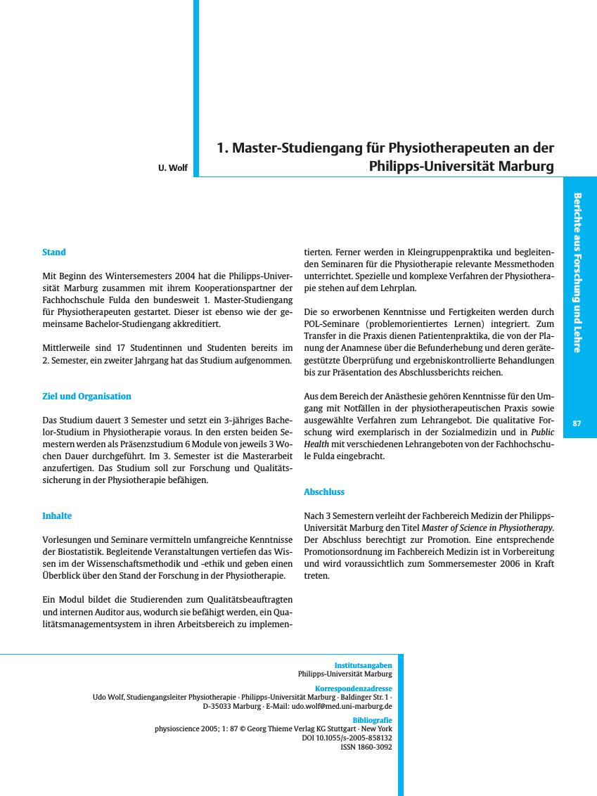Vorschauseite 1: 1. Master-Studiengang für Physiotherapeuten an der Philipps-Universität Marburg