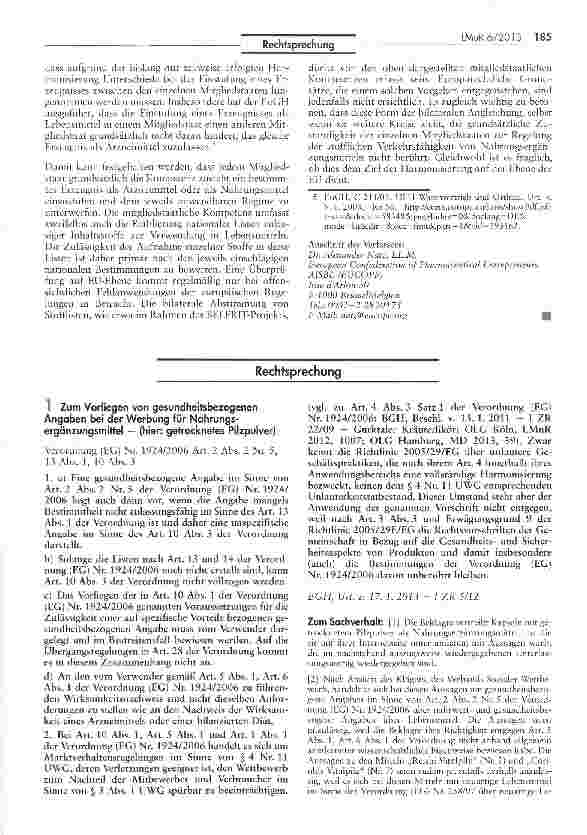 Vorschauseite 1: Zum Vorliegen von gesundheitsbezogenen Angaben bei der Werbung für Nahrungs-ergänzungsmittel — (hier: getrocknetes Pilzpulver) Verordnung (EG) Nr. 1924/2006 Art. 2 Abs. 2 Nr. 5, 1…