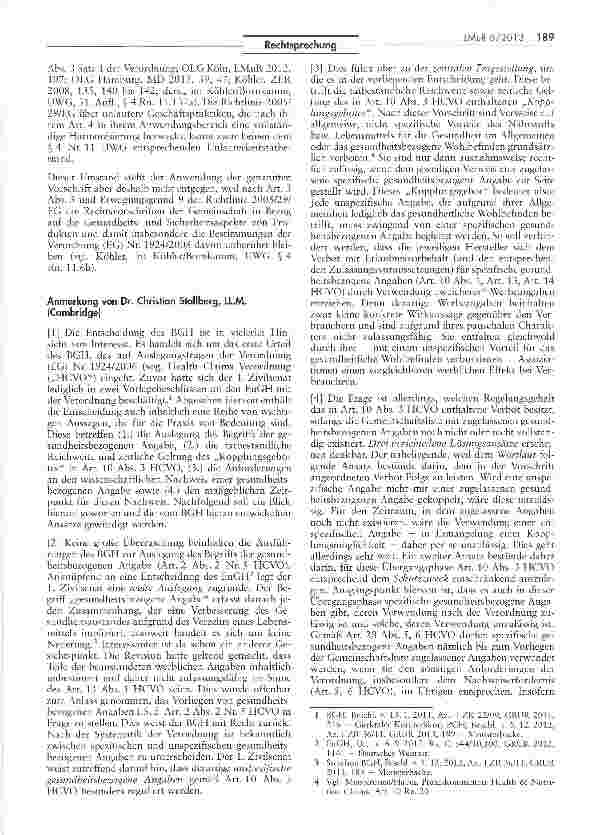 Vorschauseite 5: Zum Vorliegen von gesundheitsbezogenen Angaben bei der Werbung für Nahrungs-ergänzungsmittel — (hier: getrocknetes Pilzpulver) Verordnung (EG) Nr. 1924/2006 Art. 2 Abs. 2 Nr. 5, 1…