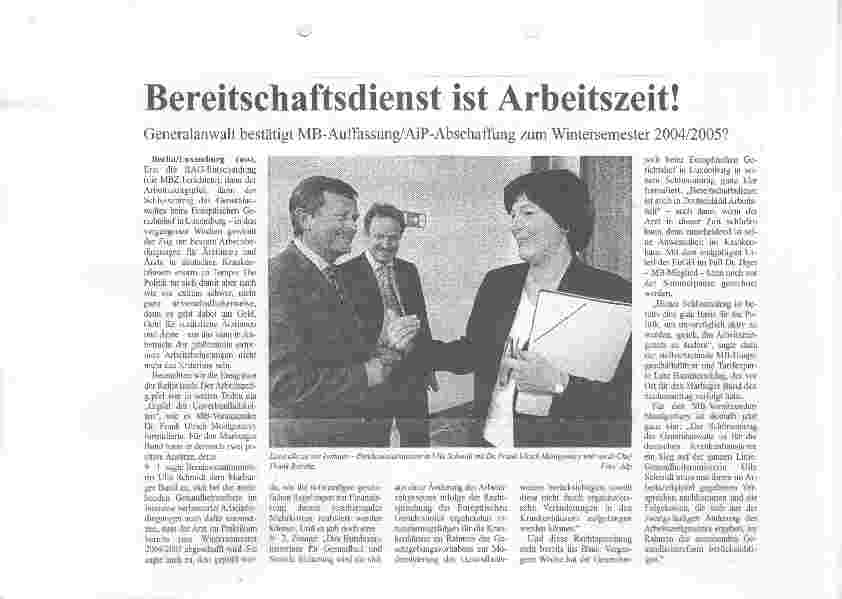 Vorschauseite 1: Bereitschaftsdienst ist Arbeitszeit! Generalanwalt bestätigt MB-Auffassung / AiP-Abschaffung zum Wintersemester 2004/2005?
