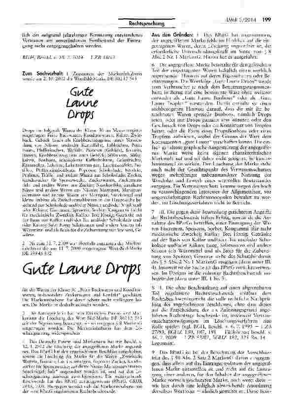 Vorschauseite 2: Eintragungsfähigkeit der Marke „Gute Laune Drops MarkenG §§ 8, 8 Absatz II Nr. 1, 50, 50 Absatz I, 50 Absatz II