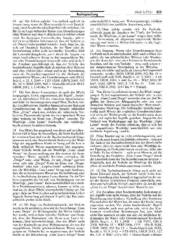 Vorschauseite 4: Eintragungsfähigkeit der Marke „Gute Laune Drops MarkenG §§ 8, 8 Absatz II Nr. 1, 50, 50 Absatz I, 50 Absatz II